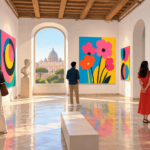 Illustrazione di una sala espositiva luminosa con stampe pop dai colori vivaci e visitatori