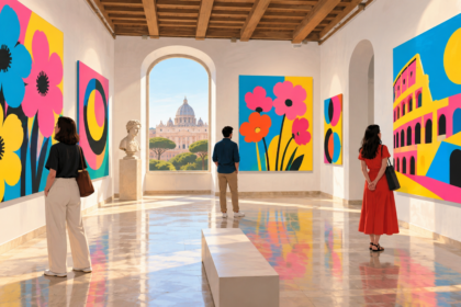 Illustrazione di una sala espositiva luminosa con stampe pop dai colori vivaci e visitatori