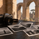 Illustrazione di una macchina fotografica analogica e stampe in bianco e nero davanti ad architetture romane