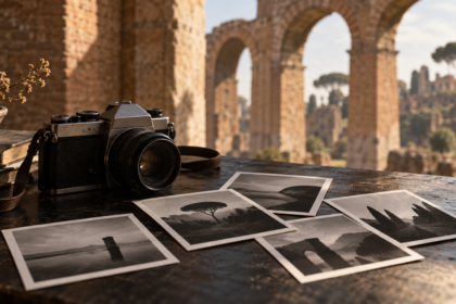 Illustrazione di una macchina fotografica analogica e stampe in bianco e nero davanti ad architetture romane