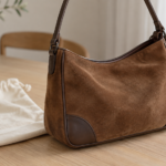 Borsa vintage in camoscio marrone senza marchi con dettagli in pelle su un tavolo da valutazione