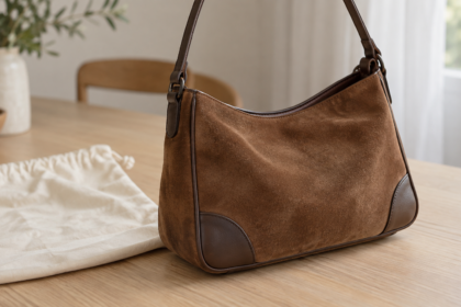 Borsa vintage in camoscio marrone senza marchi con dettagli in pelle su un tavolo da valutazione