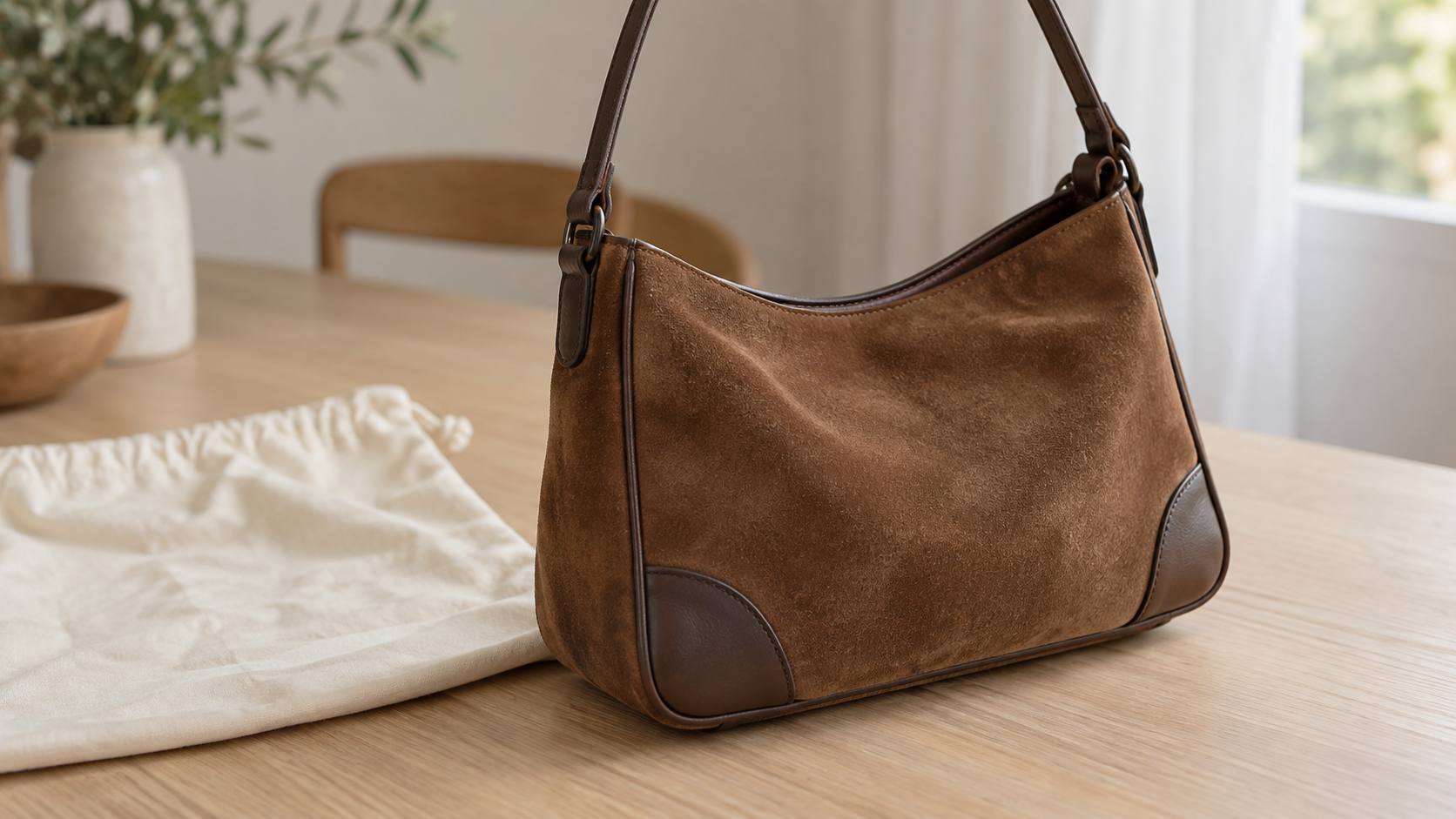 Borsa vintage in camoscio marrone senza marchi con dettagli in pelle su un tavolo da valutazione