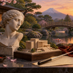 Composizione illustrata con simboli di pittura, scultura, architettura, musica e teatro