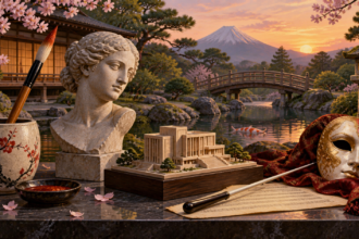 Composizione illustrata con simboli di pittura, scultura, architettura, musica e teatro