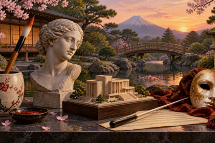 Composizione illustrata con simboli di pittura, scultura, architettura, musica e teatro