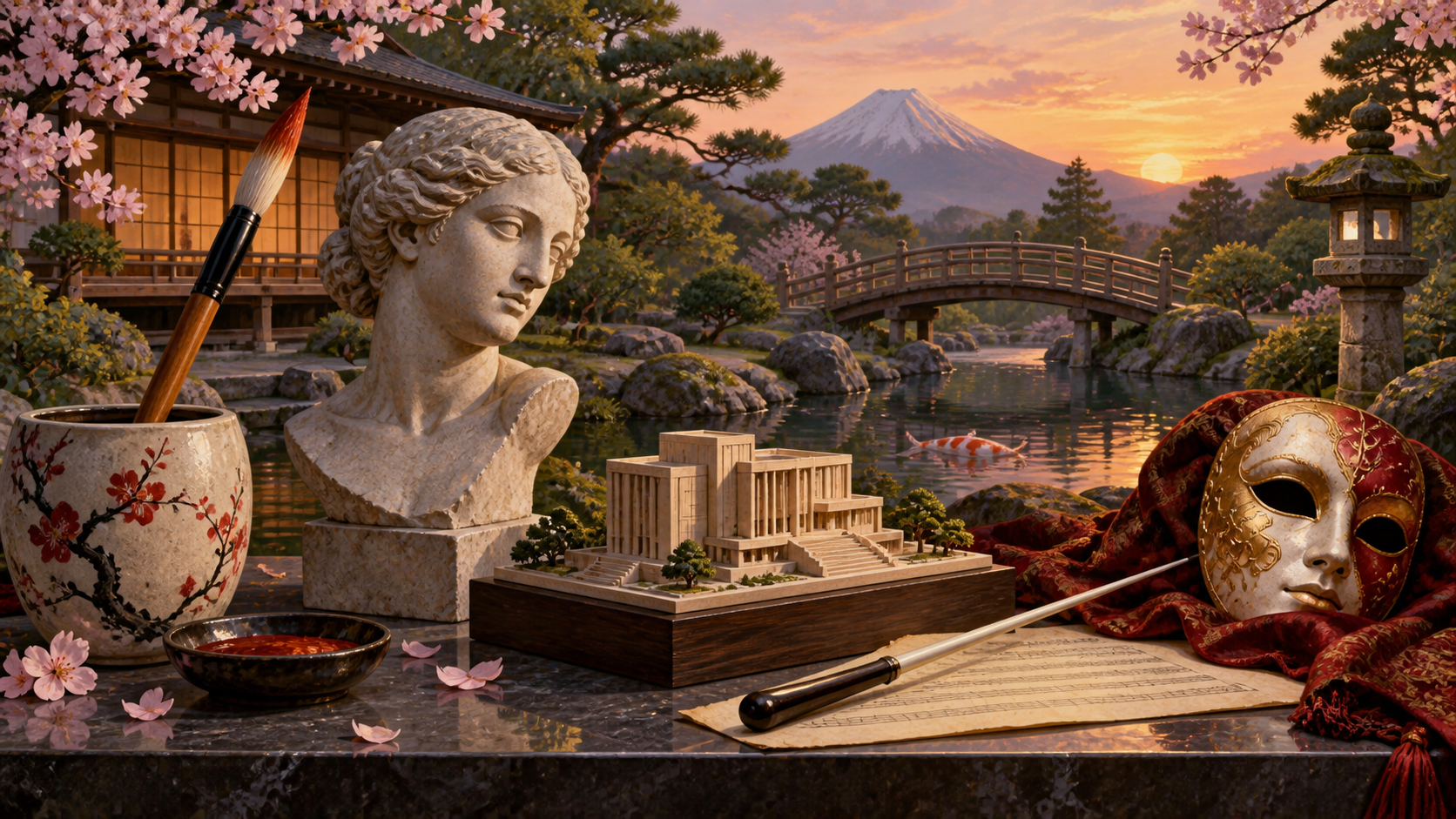 Composizione illustrata con simboli di pittura, scultura, architettura, musica e teatro