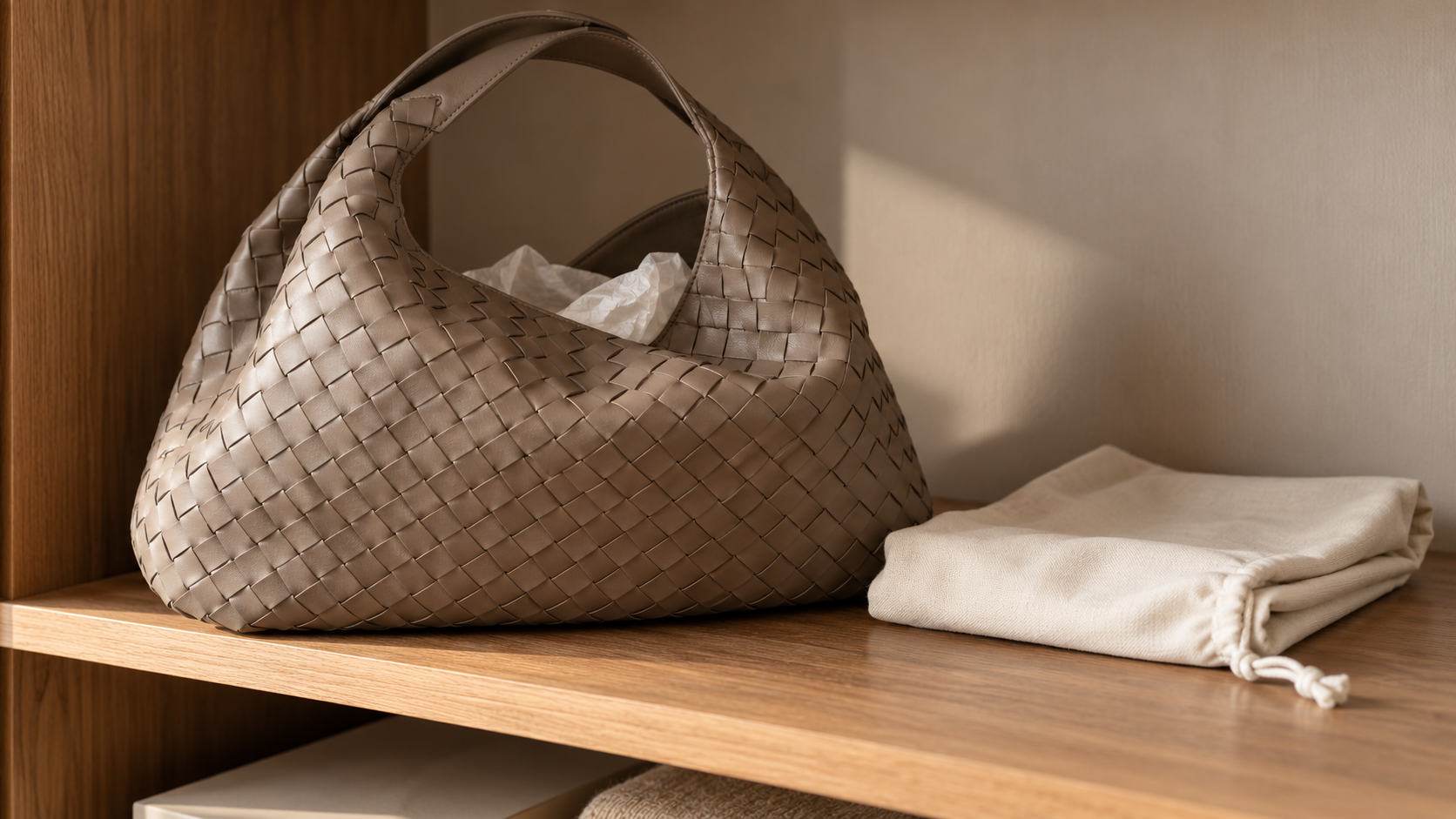 Borsa generica in pelle intrecciata su un ripiano con carta velina e custodia in tessuto