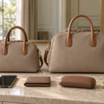 Due borse a bauletto neutre di misure diverse accanto ad accessori quotidiani per confrontare gli ingombri